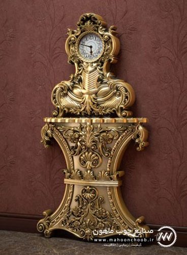 ساعت کنسول آیلین طلایی چوبی راش منبت شده سلطنتی ماهون چوب