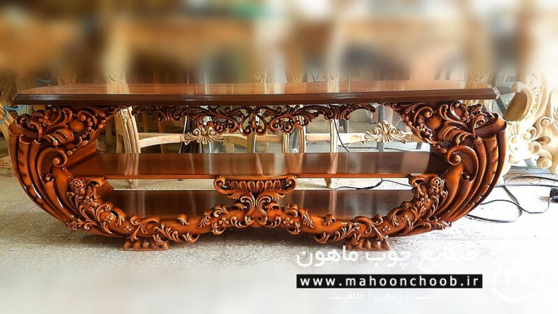 میز تلویزیون روشا فندقی چوبی منبت شده سلطنتی ماهون چوب
