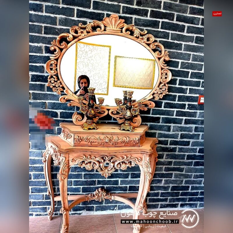آینه کنسول مدل نسترن آینه کنسول چوبی منبت شده سلطنتی ماهون چوب
