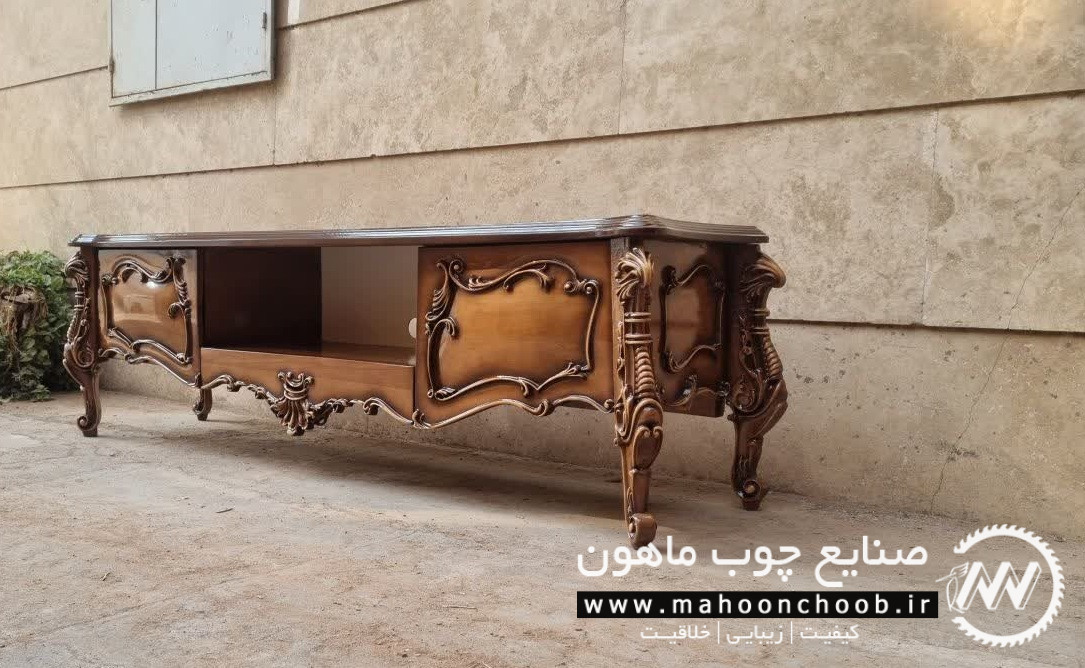 میز تلویزیون منبت آراد میز تلویزیون چوبی منبت شده سلطنتی ماهون چوب