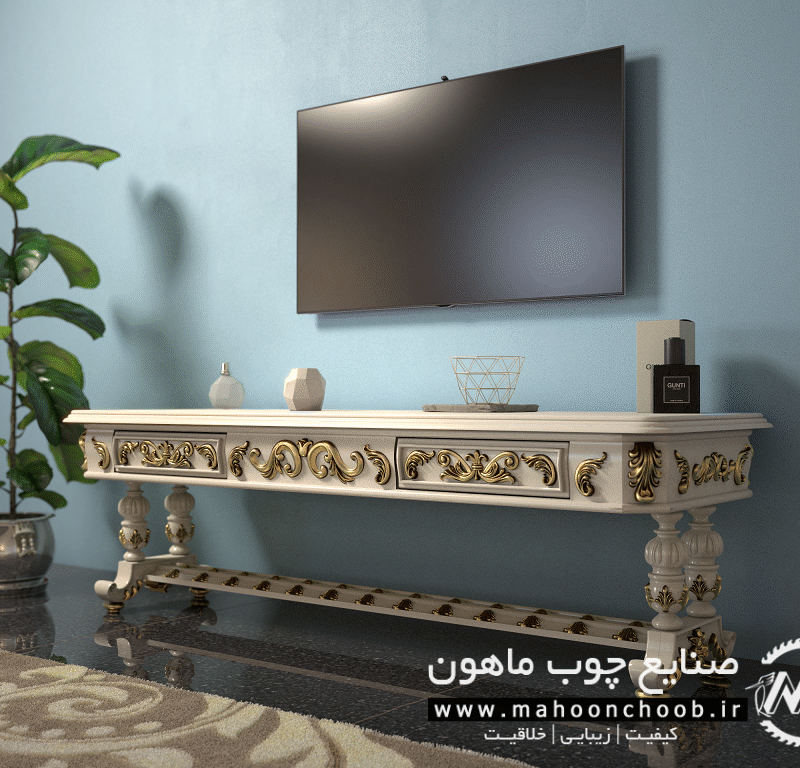 میز تلویزیون کلاسیک چوبی منبت کاری شده مدل اوپال ماهون چوب