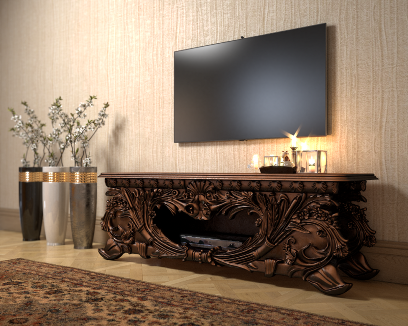 میز تلویزیون مدل رامتین میز تلویزیون چوبی منبت شده سلطنتی ماهون چوب