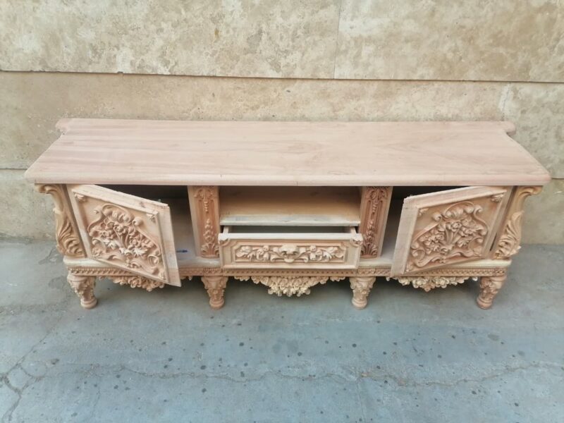 میز تلویزیون مدل فلون میز تلویزیون چوبی منبت شده سلطنتی ماهون چوب