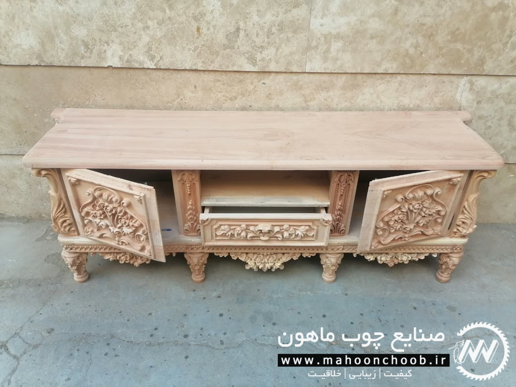 میز تلویزیون مدل فلون میز تلویزیون چوبی منبت شده سلطنتی ماهون چوب