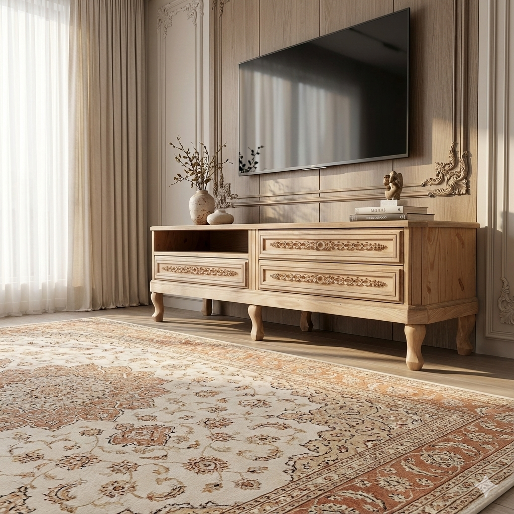 میز تلویزیون چوبی مدل باربد دارای سه کشو و پایه خراطی ماهون چوب