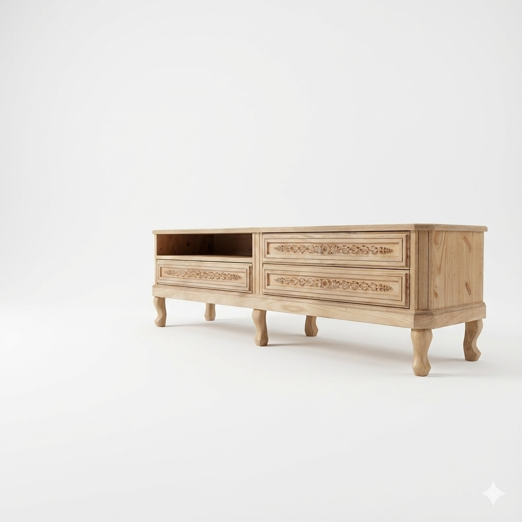 میز تلویزیون چوبی مدل باربد دارای سه کشو و پایه خراطی ماهون چوب